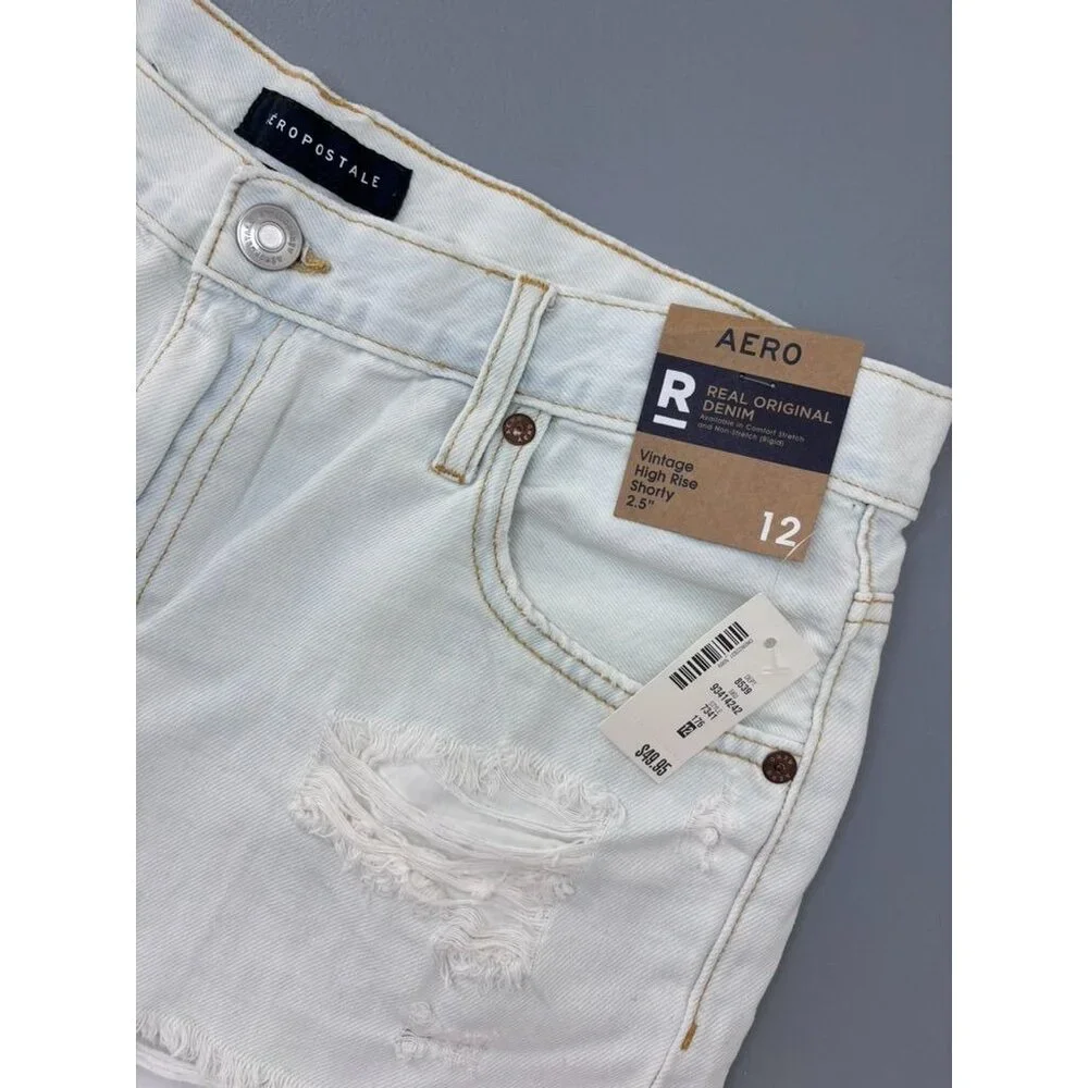 Aero women's 12 light wash vintage high rise shorties denim‎ jean shorts NWT